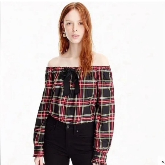 J. Crew Red and Black Off-the-Shoulder Tie Front Blouse - Picture 1 of 15
